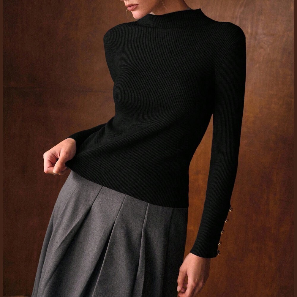 Black Ribbed Knit Button Cuff Mock Neck Sweater